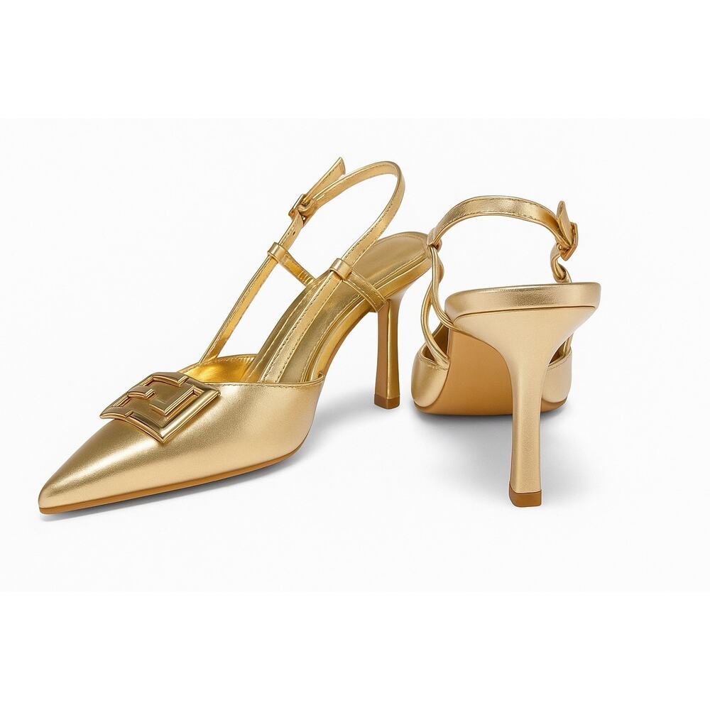 Gold Heels, Metallic Slingbacks, Geometric Buckle, Pointed Toe, 3.5 Inch Heel